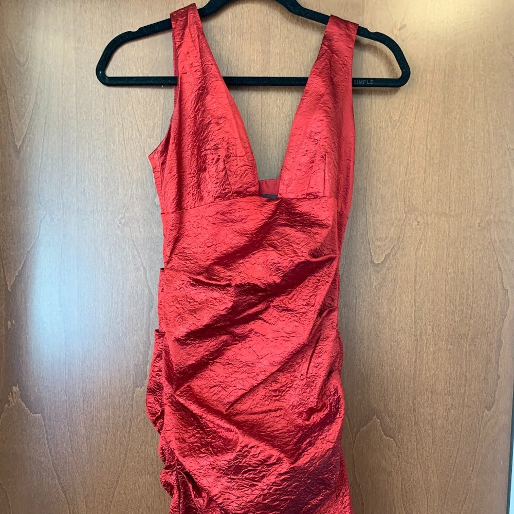 Nicole Miller V Neck Red Ruched Crinkle Dress